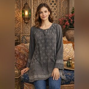 Johnny Was Relaxed Embroidered Long Gray Bohemian Tunic